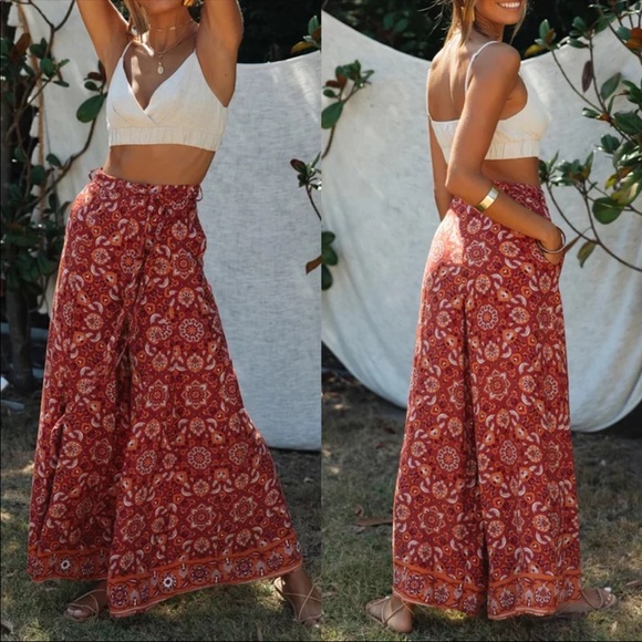 Paisley Floral Boho Gypsy Print Wide Leg Pants - Picture 3 of 6